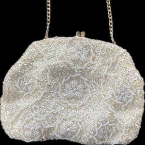 Vintage Mid Century Ivory Beaded & Sequent Kiss Lock Purse
